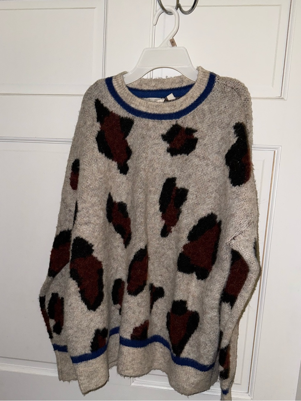 Leopard-Spot Crewneck Sweater in Beige with Brown, Black, and Blue Accents